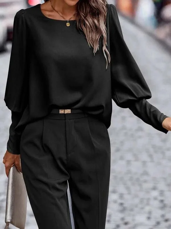 Buttoned Pleated Solid Color Long Sleeves Loose Round-Neck Blouses&Shirts Tops