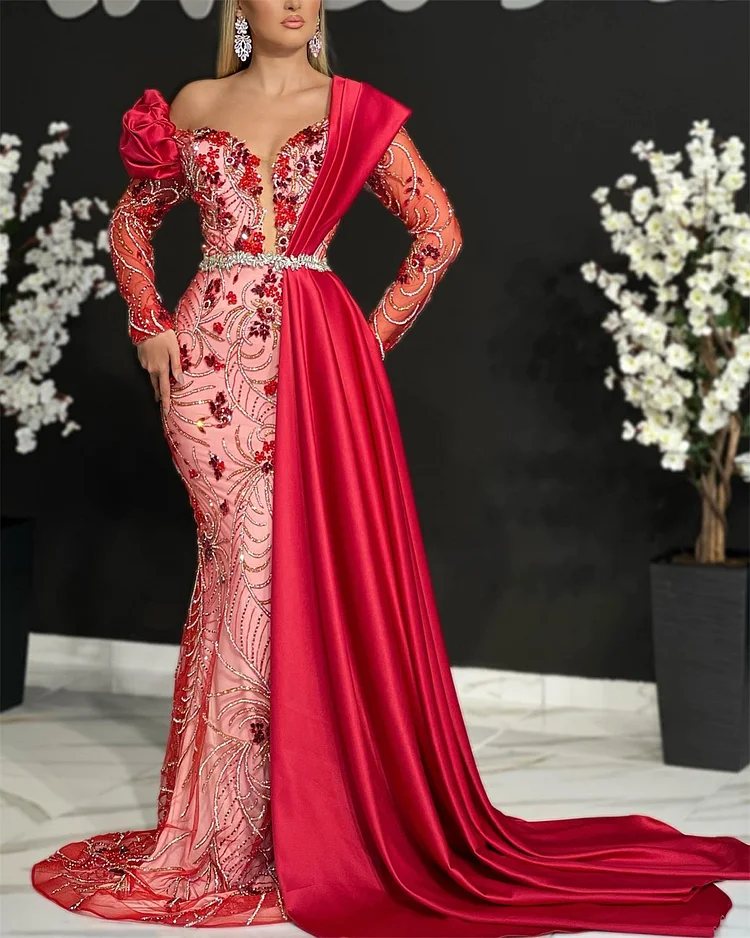 Women's Red Embroidered Sequin Evening Dress- 01