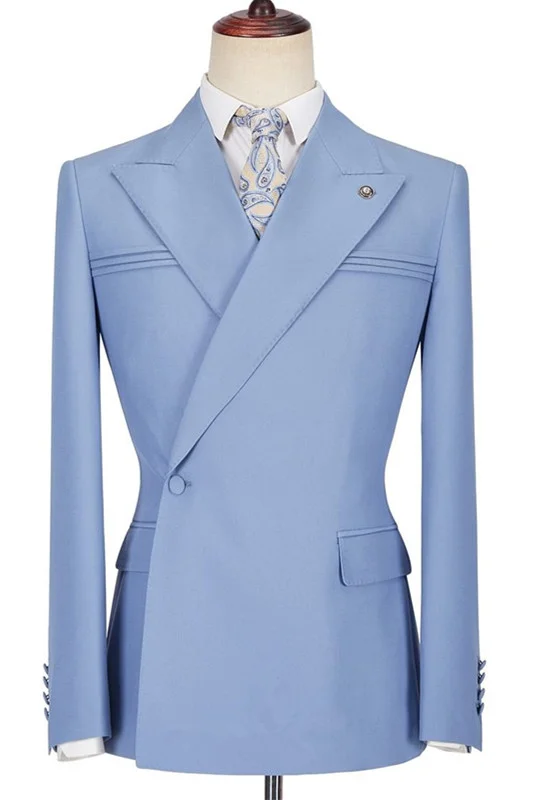Stylish Blue Casual Prom Suit Peaked Lapel With Ruffles For Men