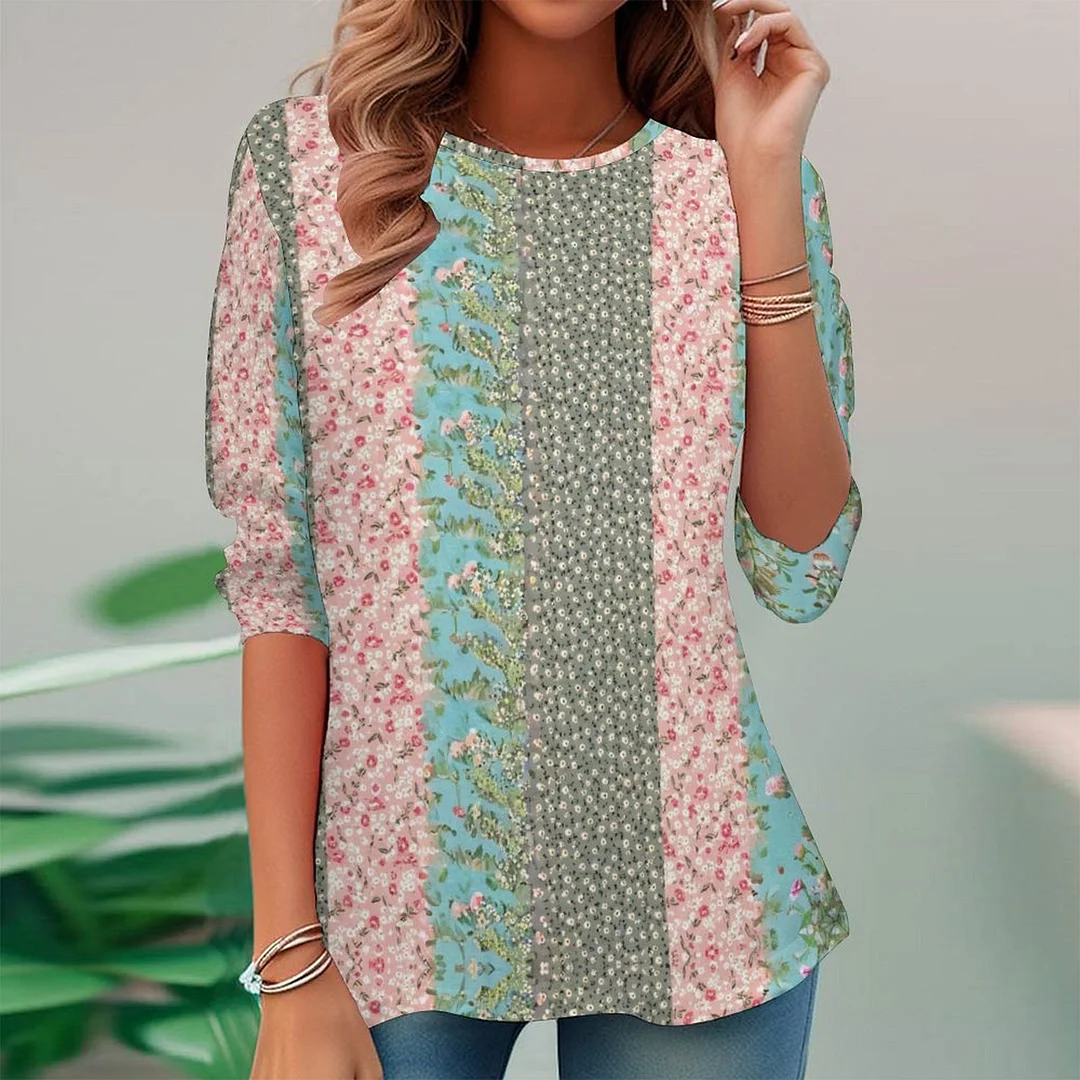 Vintage Printed Long Sleeve Plus Size Tunic for  Women and Men Unisex Pattern Floral,Pink,Green,Stitch