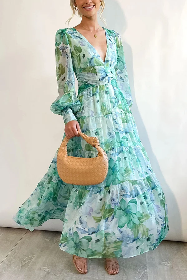 Spring and Summer Casual Solid Color Printing Long Sleeve High Waist V-neck Swing Dress Temperament Commuter Long Dress