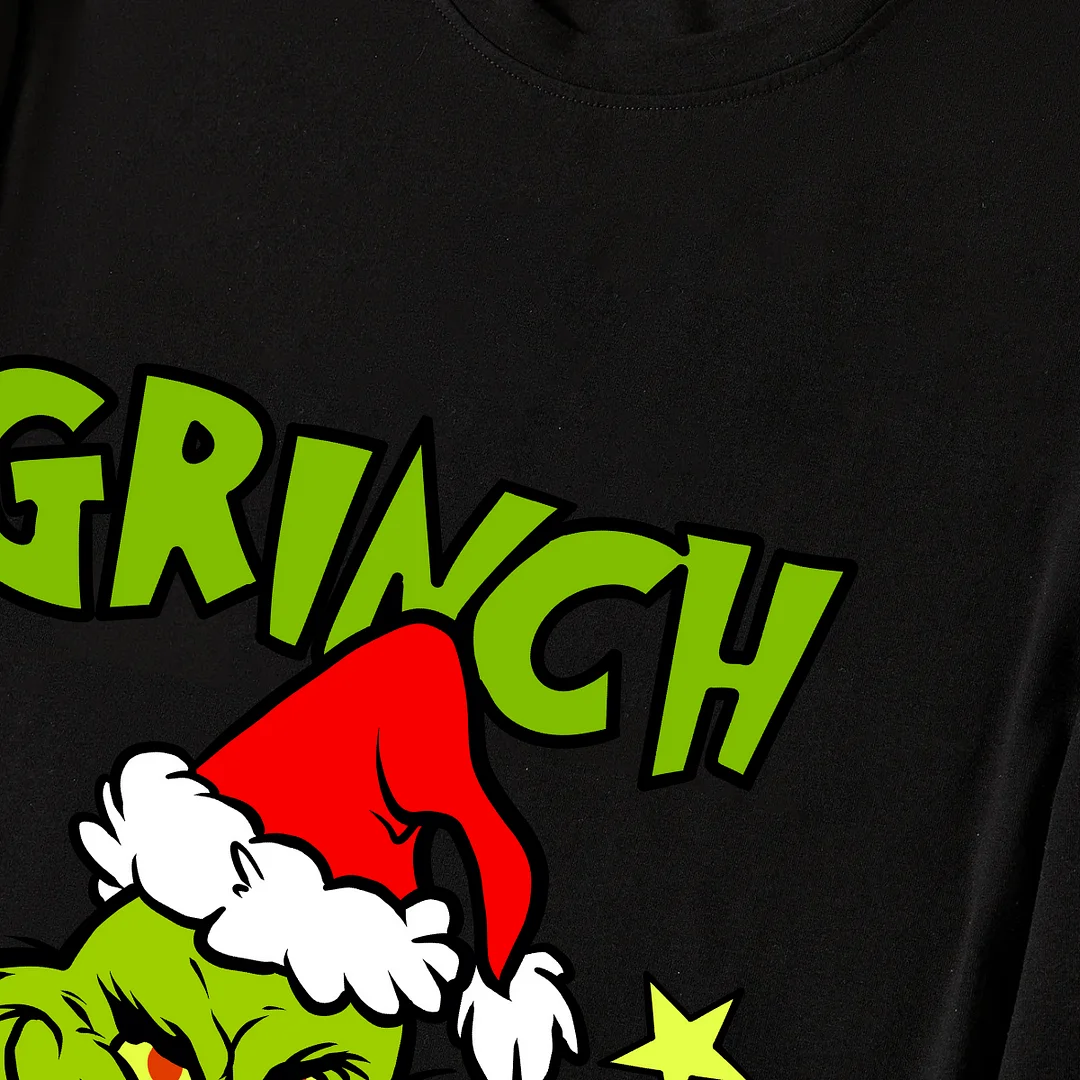 Christmas Cartoon Print and Text Print Black Long Sleeve Top with Red & White & Green Plaid Family Matching Pajamas 2024