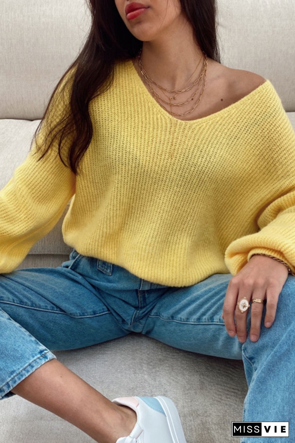 Casual Solid Split Joint V Neck Tops