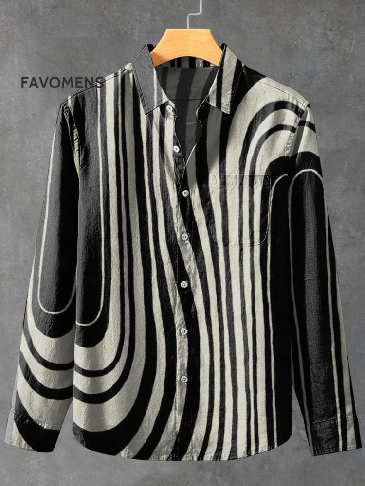 Black And White Ripples Vintage Stripe Print 100% Cotton Long Sleeve Shirt Multicolor / S