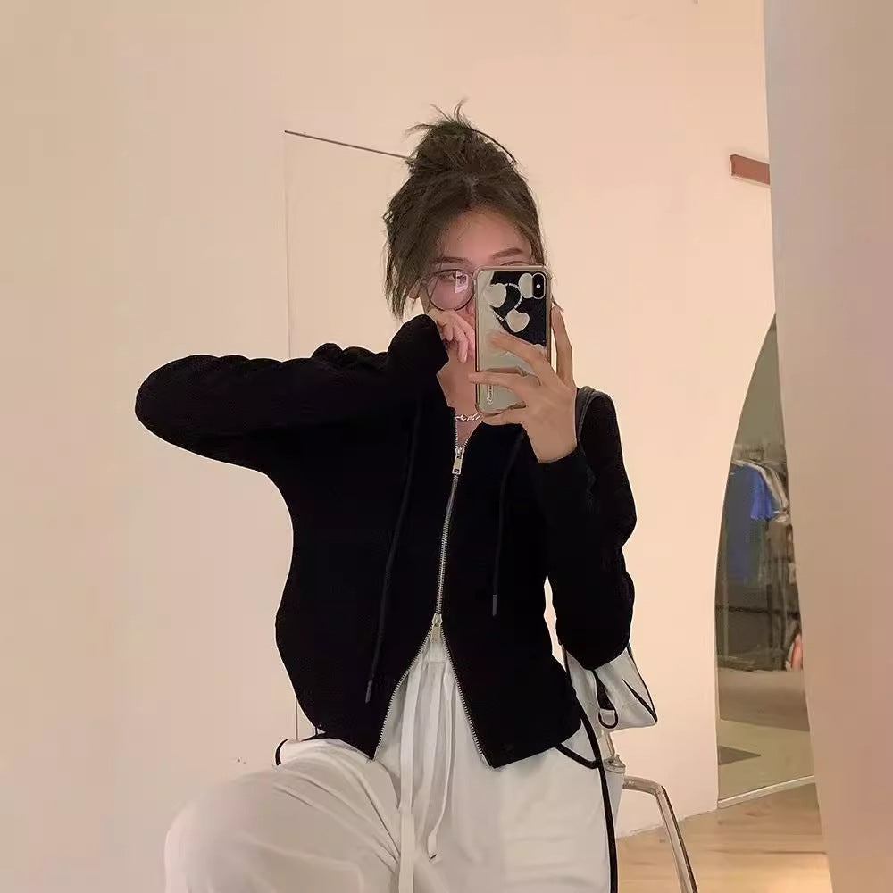 Aiertu guys clothing styles Spring and Autumn Slim-Fit Slimming Zipper Long-Sleeved T-shirt Korean Style Short Cardigan Jacket Women's Top Short aiertu