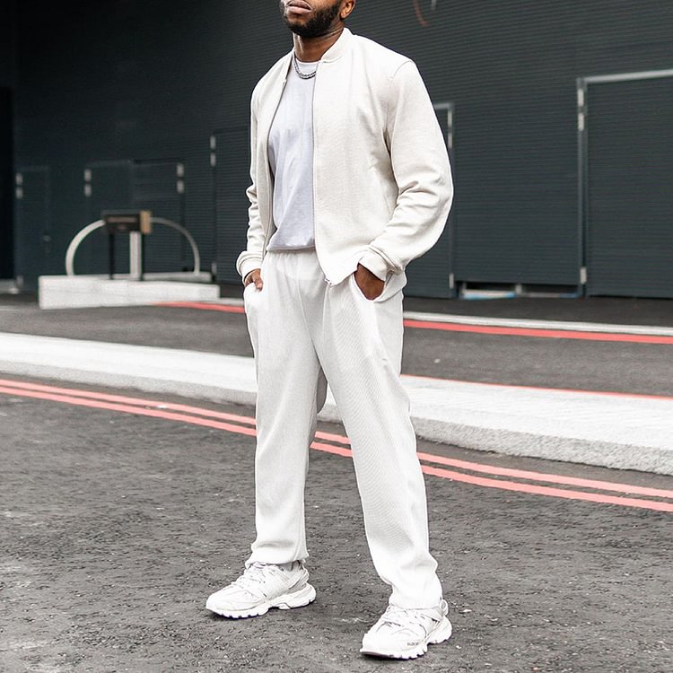 BrosWear Fashion White Jacket And Pants Two Piece Set