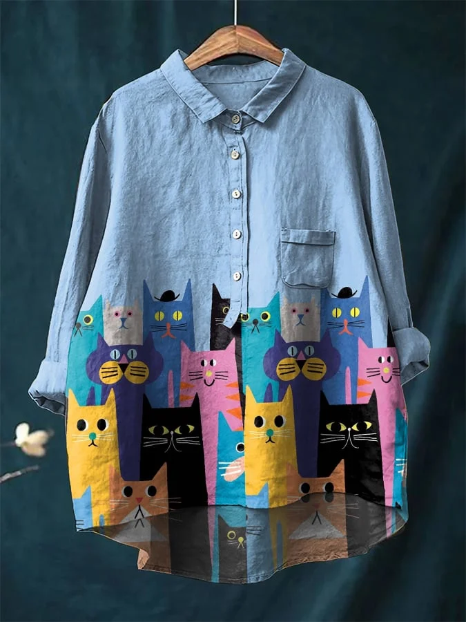 Womens Funny Cat Print Cotton And Linen Shirt