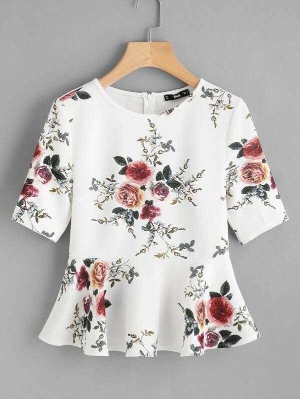 Women Zip Back Ruffle Hem Peplum Top