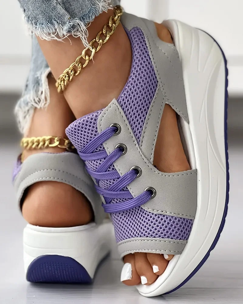 Zhungei Women Sandales Fashion Shoes Casual Flat Peep Toe Contrast Paneled Cutout Lace-up Muffin Sandals Platform Sport Sandalias