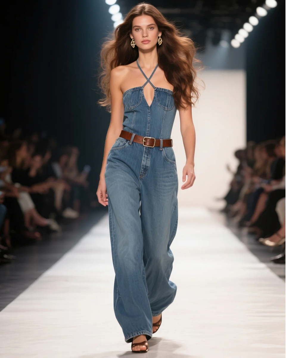 Women's Fashion Elegant Cross Halter Sleeveless High Waist Denim Jumpsuit