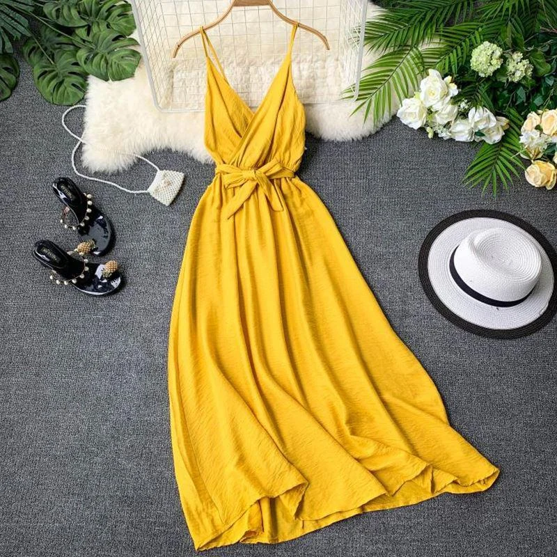 FTLZZ Maldives Holiday Dress Sexy Backless Straps V-neck Dress Women Solid Color Thai Seaside Maxi Long Big Swing Fairy Dress