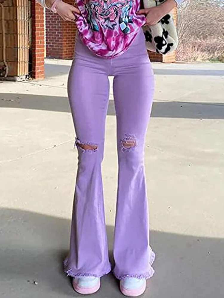 Fashion Plain Flare Leg Ripped Denim Long Pants