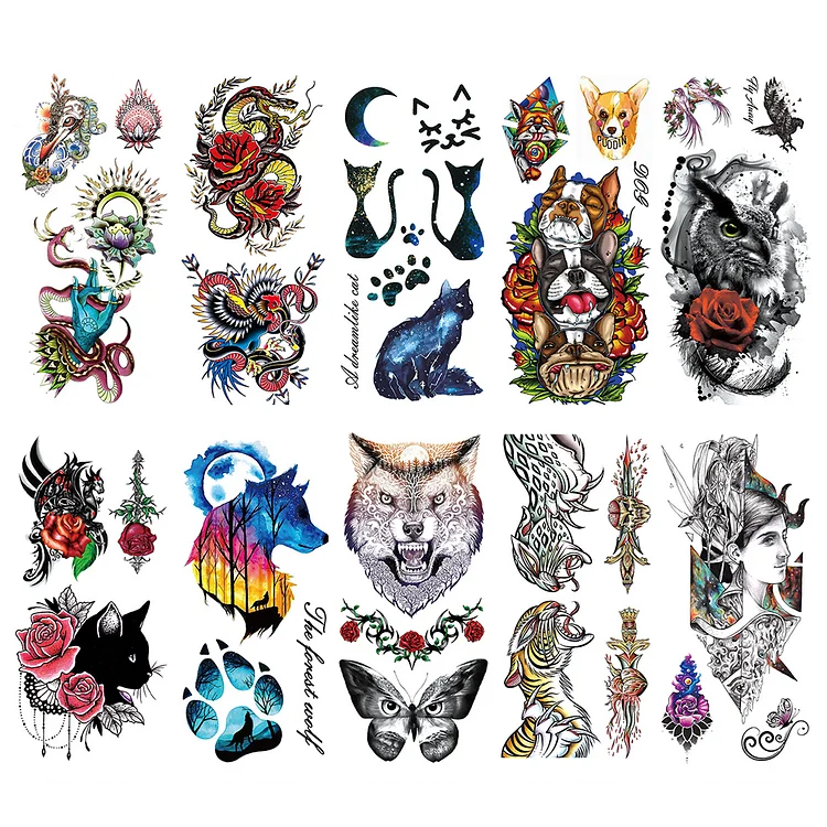 10 Sheets Animal Dragon Pet Art Watercolor Temporary Tattoo Stickers Disposable