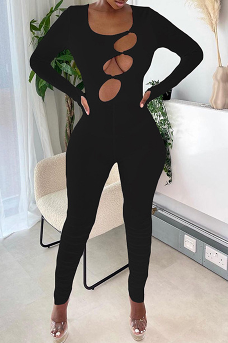Sexy Solid Hollowed Out O Neck Skinny Jumpsuits