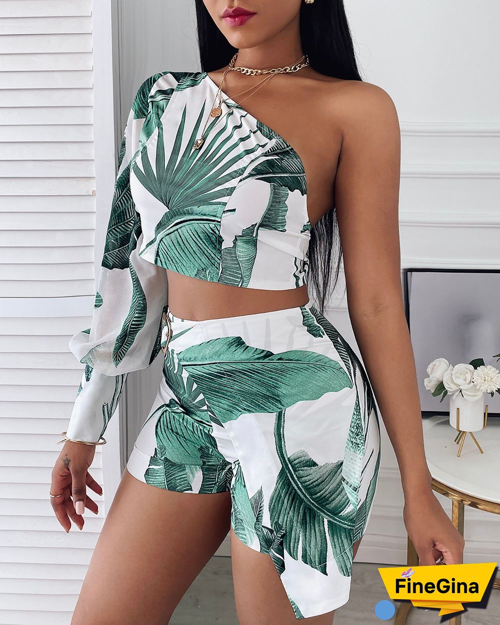 New Women's Summer Tropical Print Long-sleeved Blouse And Skirt Suit, Casual Leaf Design, Asymmetrical Tight-fitting 2-piec