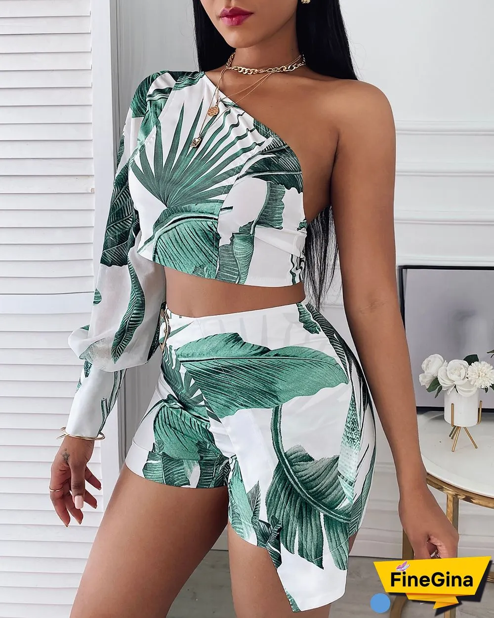 New Women's Summer Tropical Print Long-sleeved Blouse And Skirt Suit, Casual Leaf Design, Asymmetrical Tight-fitting 2-piec