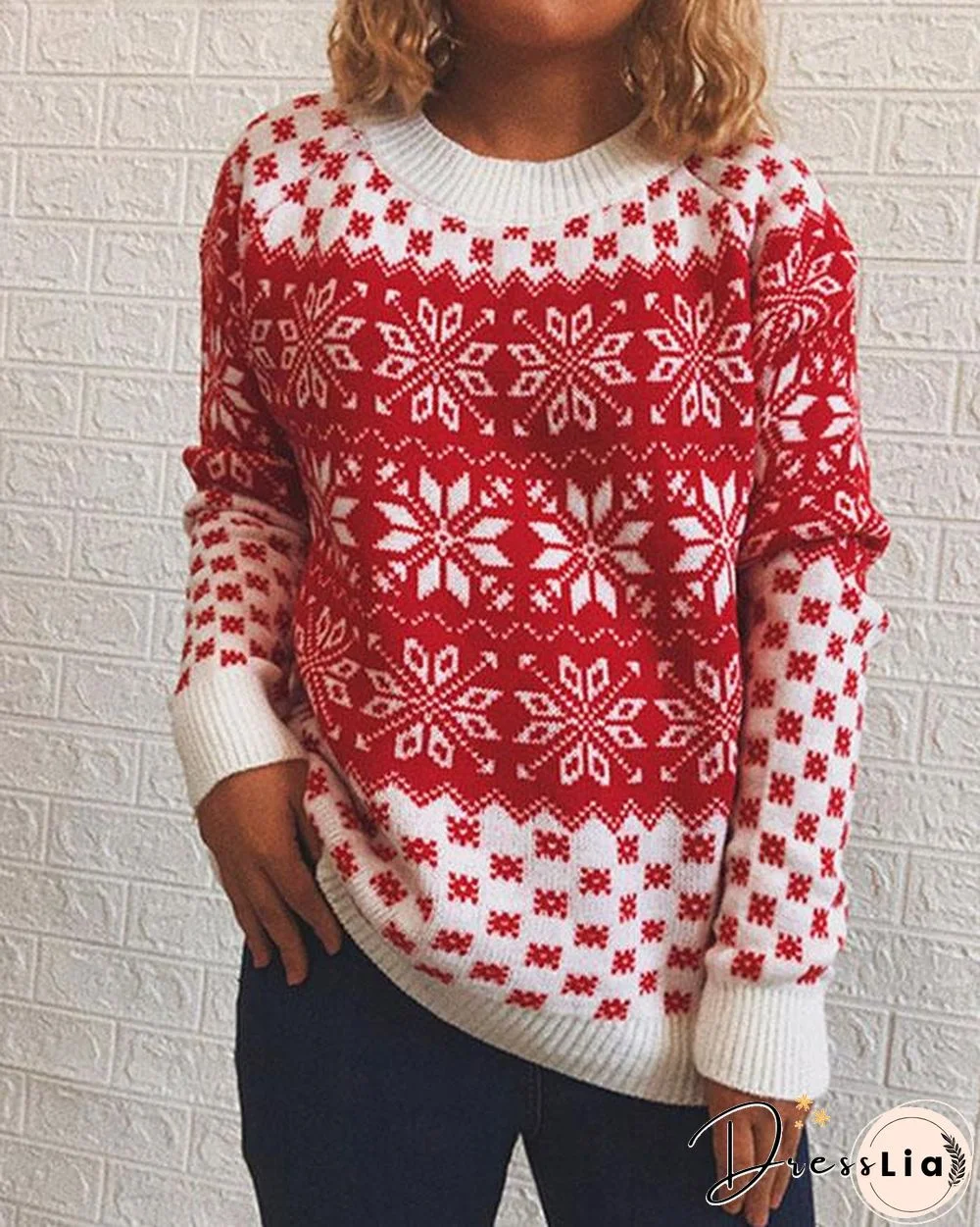 Christmas Snowflake Red White Crotchet Knitted Pullover Sweater