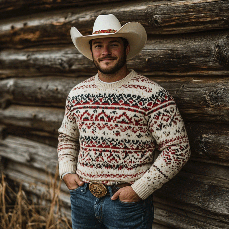 Men's Vintage Western Cowboy Ethnic Print Round Neck Sweatshirt-inspireuse