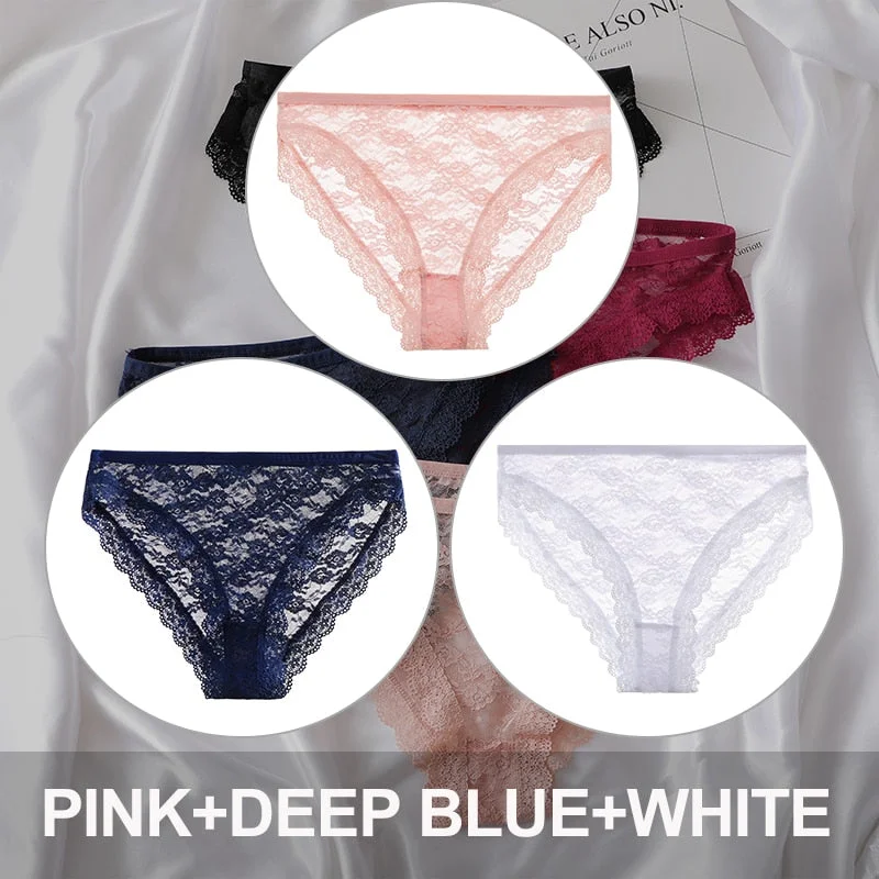 FINETOO 3PCS/Set Floral Lace Sexy Women Lingerie Panties M-2XL Plus Size Underpants Transparent Female Comfortable Briefs Girls
