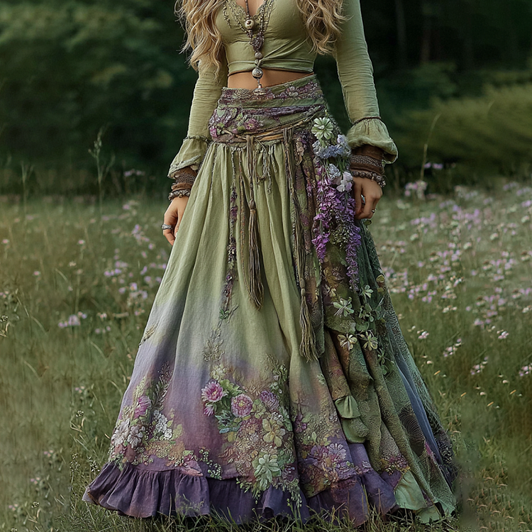 Vintage Boho Purple Floral Patchwork Art Flowy Casual Linen Skirt