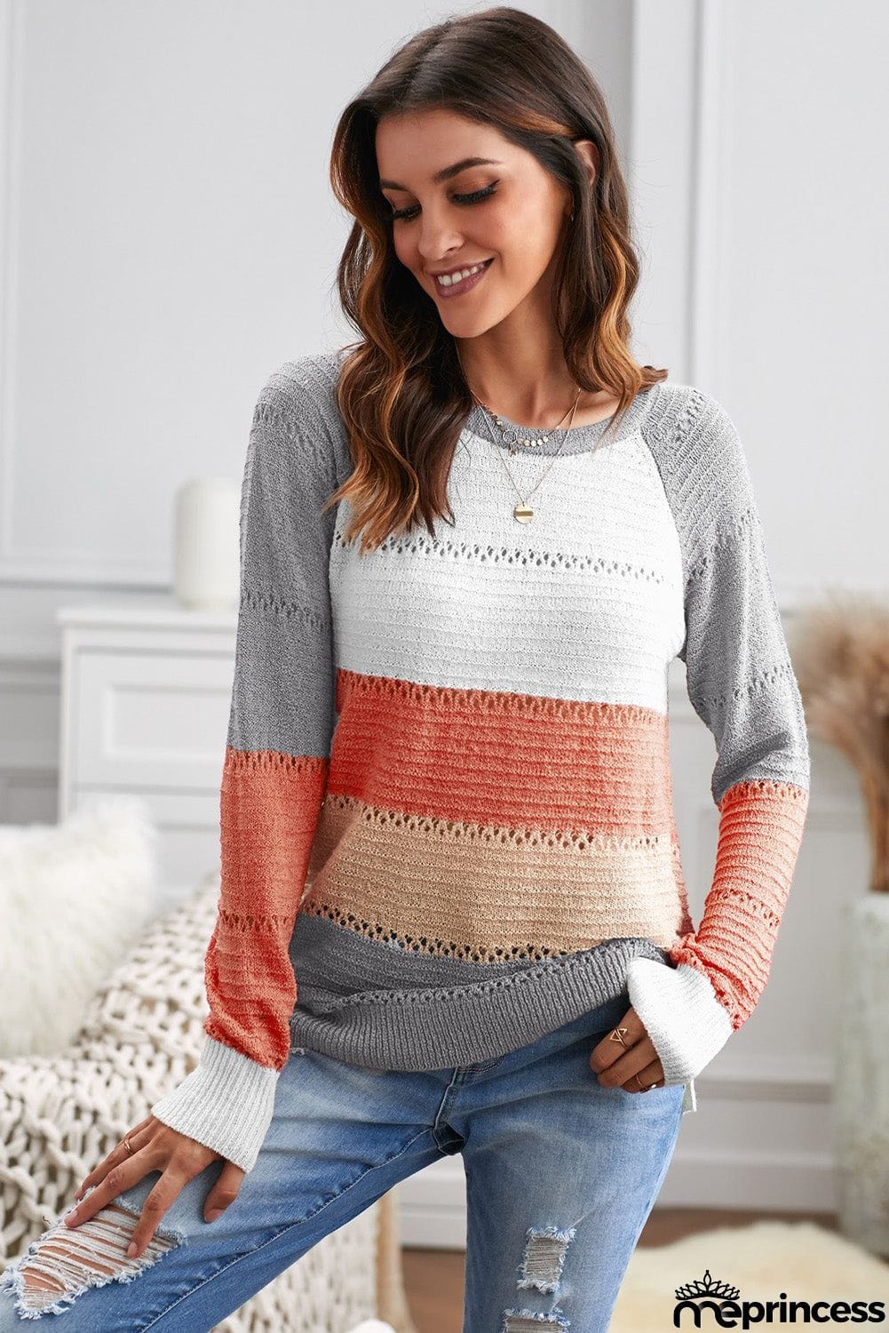 Multi-color Knitted Color Block Long Sleeve Crew Neck Sweater