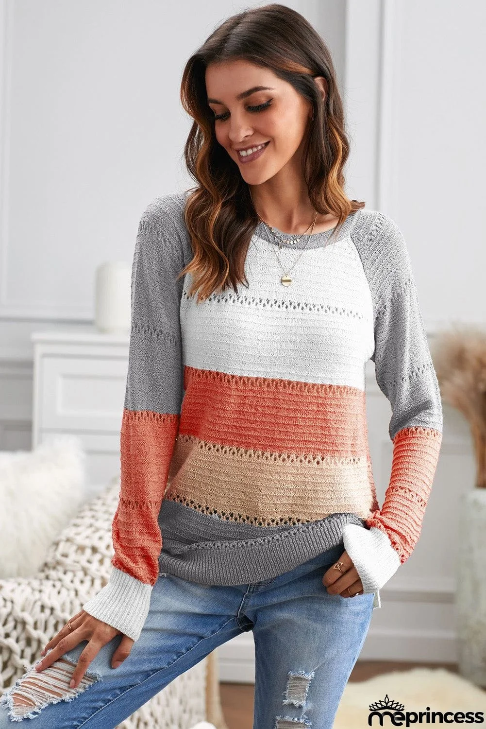 Multi-color Knitted Color Block Long Sleeve Crew Neck Sweater