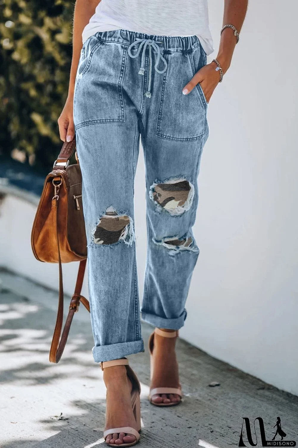 MidiSono - Plaid Patches Cotton Pocketed Denim Jeans