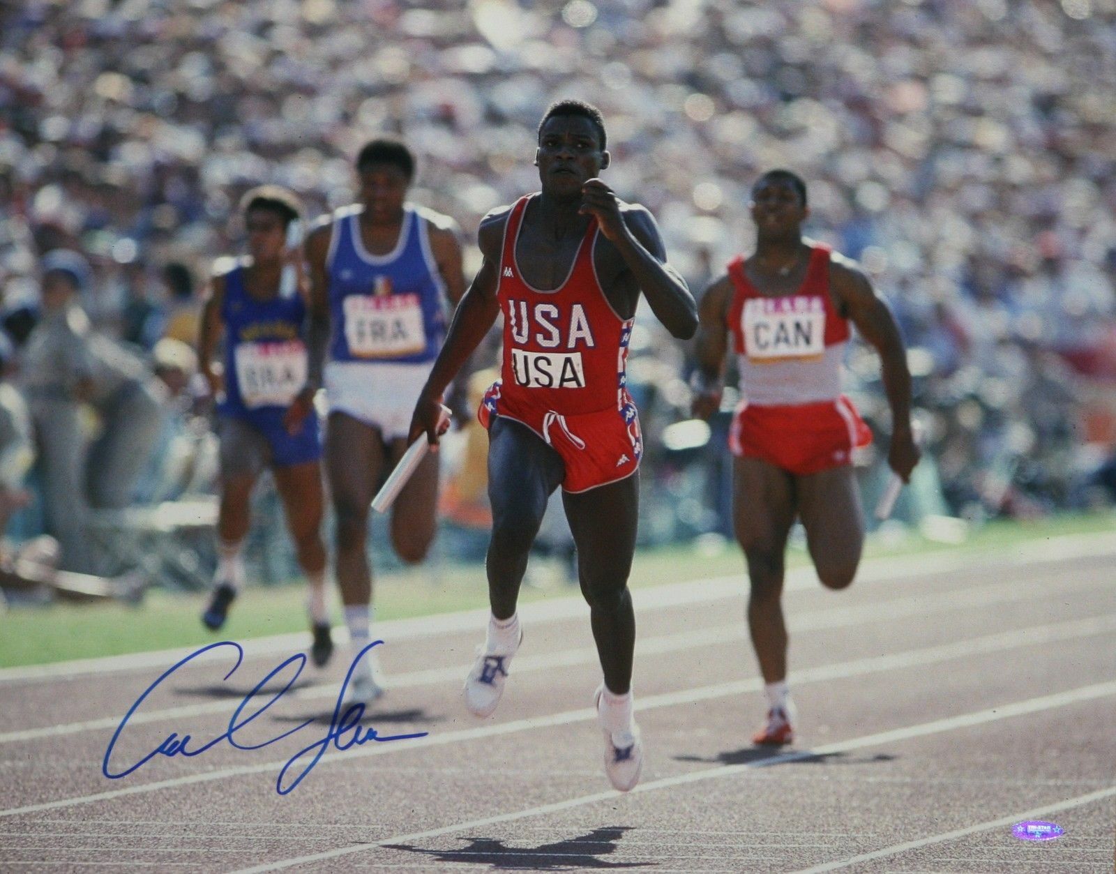 Carl Lewis Autographed 16x20 Front View Running Photo Poster painting- TriStar Authenticated