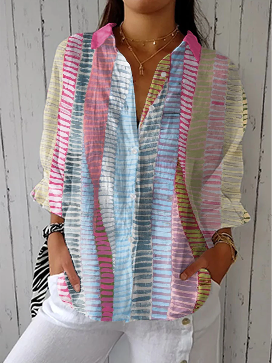 Women's Vintage Color Block Line Art Print Casual Linen V-neck Shirt
