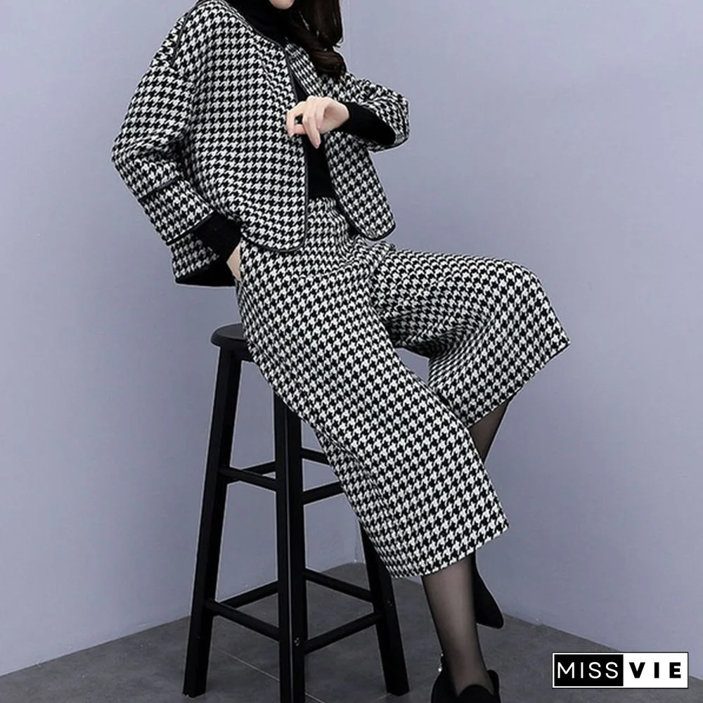 Autumn Winter Two Piece Sets Outfits Women Woolen Coat And Cropped Wide Leg Pants Suits Office Elegant Sets