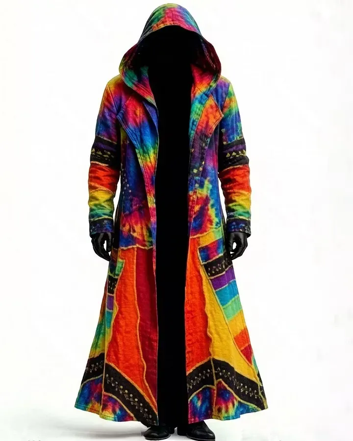 Men's Fashion Rainbow-Colored Linen Hooded Cape 8370