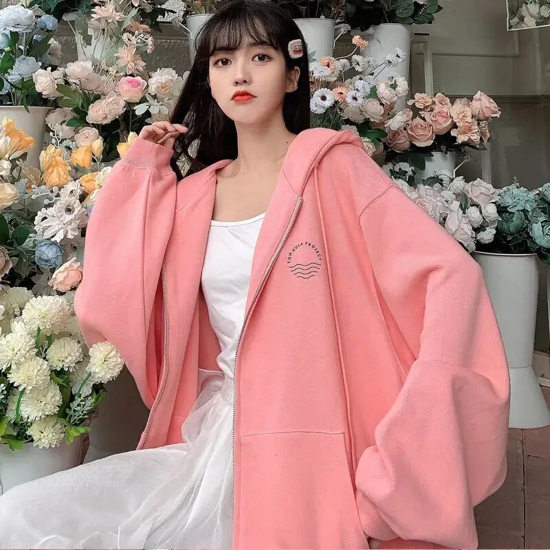 Wongn new zipper hoodies women retro casual oversized solid color sweatshirt Korean version ins loose wild trend jacket