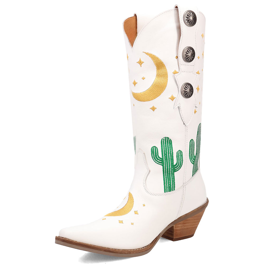 Cactus & Moon Block Heel Mid-Calf White Western Boots for Women Nicepairs