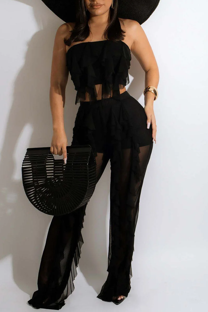 Sexy Solid Split Joint See-through Flounce Strapless Sleeveless Two Pieces