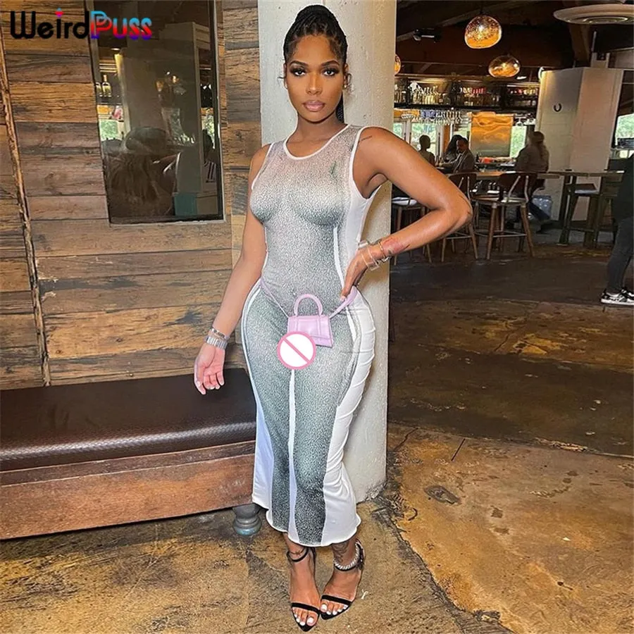 Weird Puss Sexy Aesthetic Print Long Dresses Women Summer Sleeveless Bodycon Stretchy Hipster Club Streetwear 2021 New Clothing