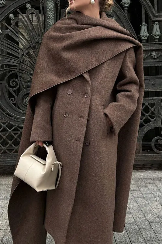 Scarf Collar Longline Woolen Elegant Solid Overcoat