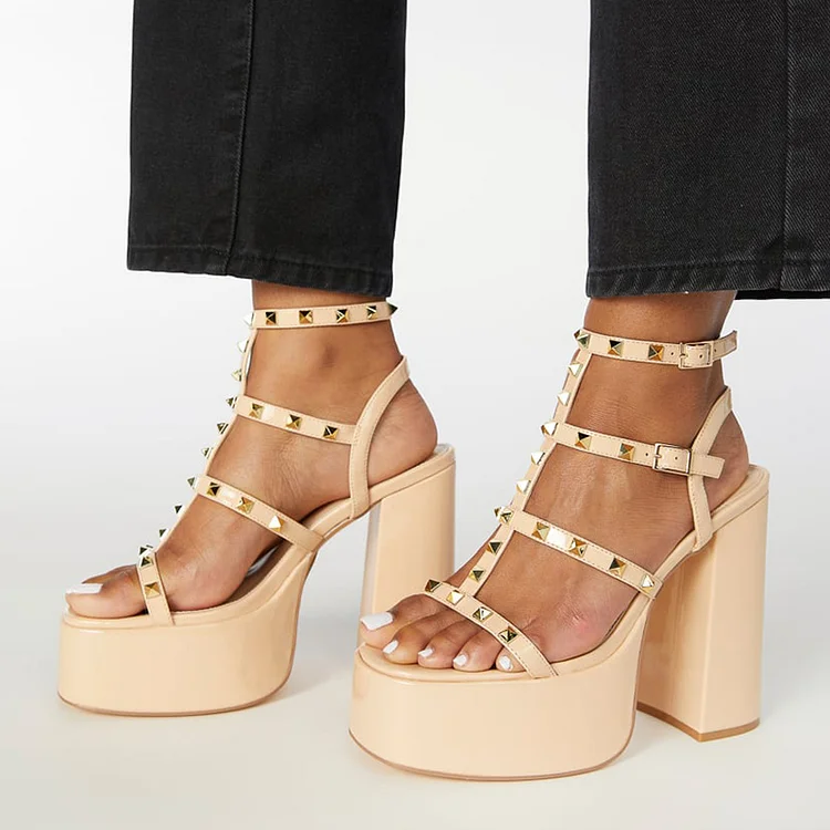 Beige Square Toe Studs Shoes Strappy Patent Sandal Evening Platform Chunky Heels Vdcoo