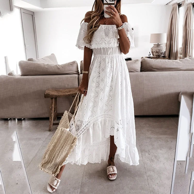 Hollow Out Slash Neck Women Holiday Dress Female Slim Patchwork Off the Shoulder Solid Dress Casual Summer Sleeveless Maxi Dress