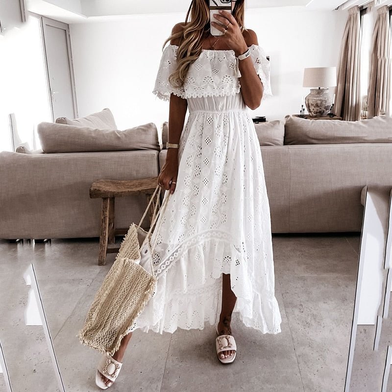 Hollow Out Slash Neck Women Holiday Dress Female Slim Patchwork Off the Shoulder Solid Dress Casual Summer Sleeveless Maxi Dress