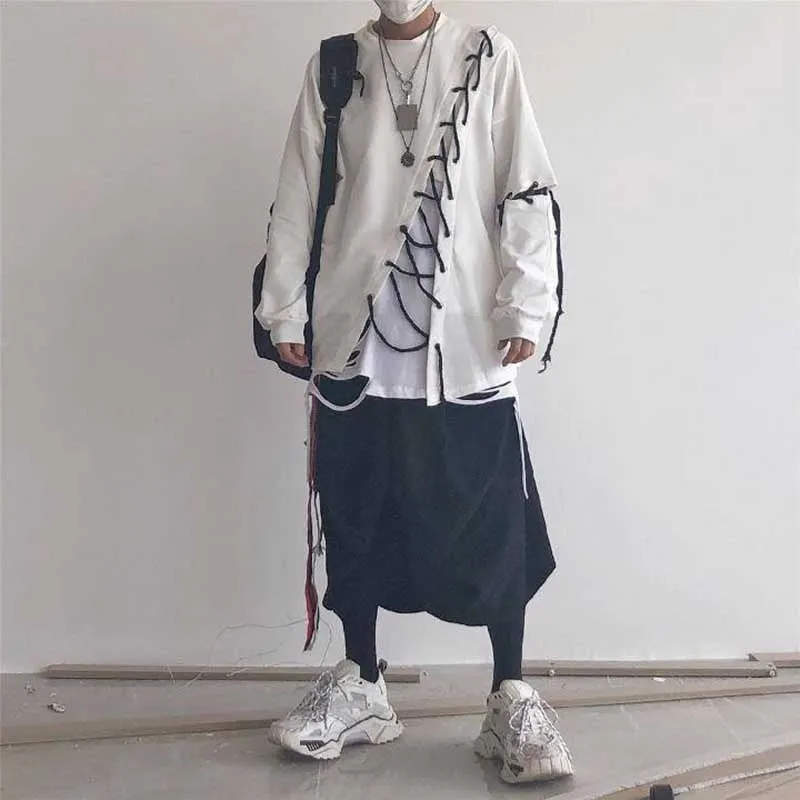 NiceMix Dark Wind Super Fire High Street Hip Hop Personality Diy Tied Bandwidth Loose Long Sleeve T-shirt Men & Lady Tee