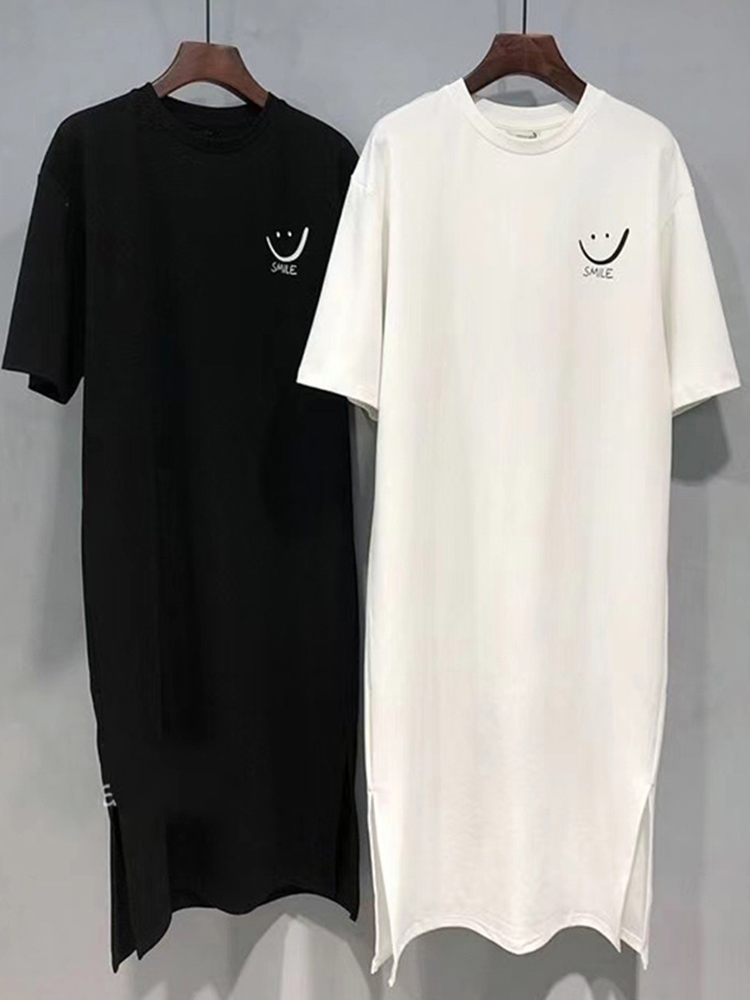 Prozfind Women's Summer New Short Sleeved T-shirt Dress Loose Mid Length Over Knee Dress