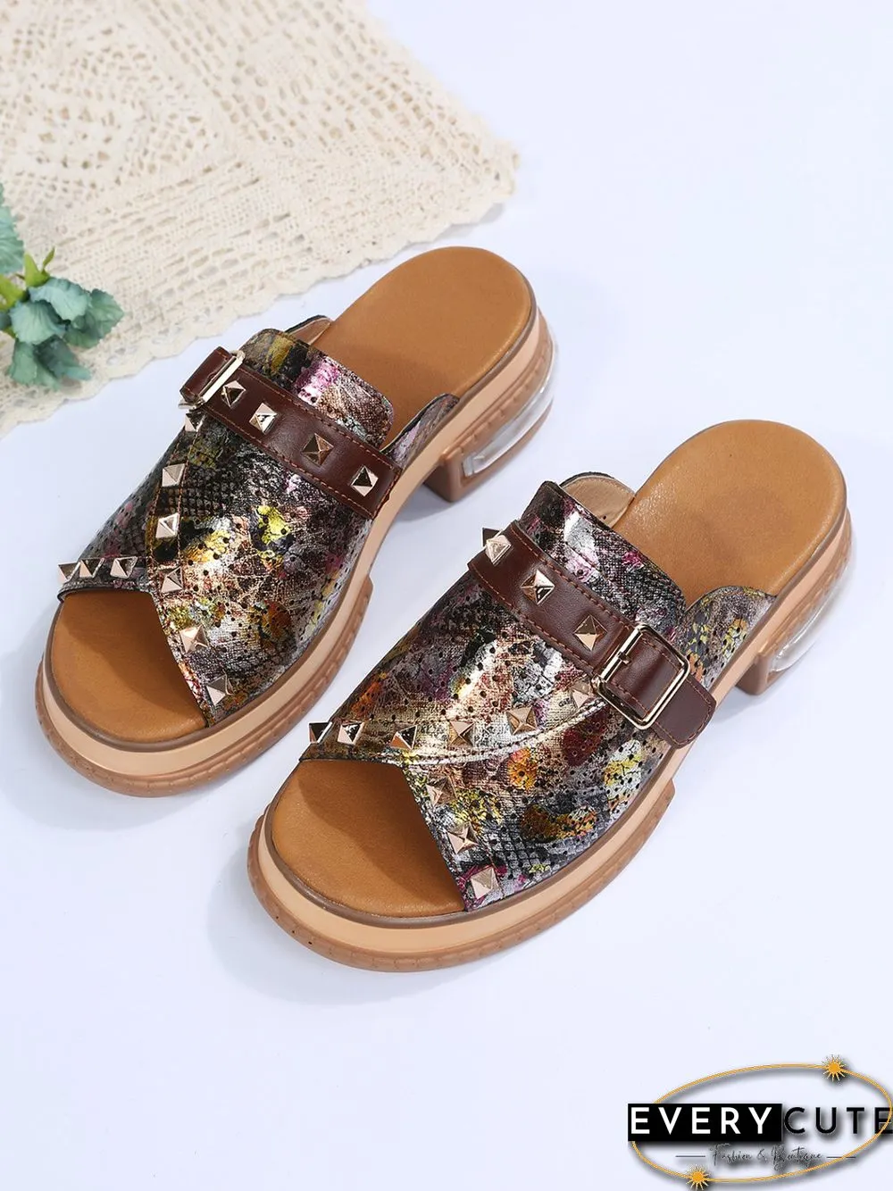 Urban Studded Snake Print Chunky Heel Slippers