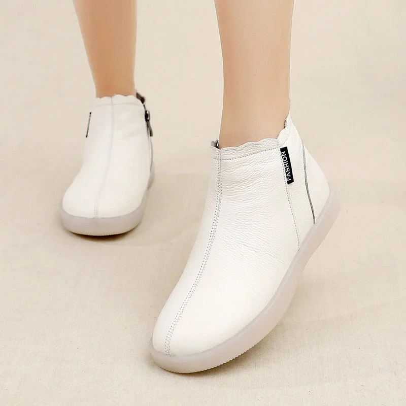 Genuine Leather Cow Women Ankle Boots Warm Wool Motorcycle Slip on Super Comfortable Booties Winter Shoes White Black