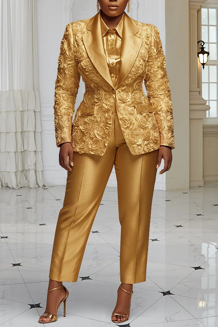 Xpluswear Design Plus Size Christmas Gold Lapel Collar Long Sleeve 3D Elegant Satin Two Piece Pant Suits [Pre-Order]