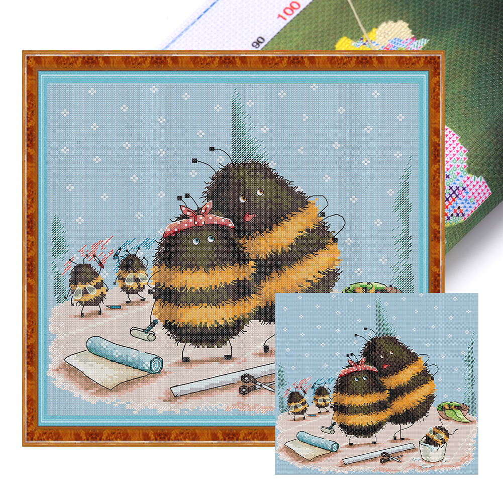 Mother And Child Bees Full 14CT Pre-stamped Canvas(35*33cm) Cross Stitch(backstitch)