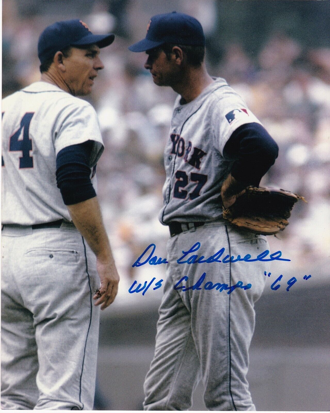 DON CARDWELL NEW YORK METS WS CHAMPS 69 W/ GIL HODGES ACTION SIGNED 8x10