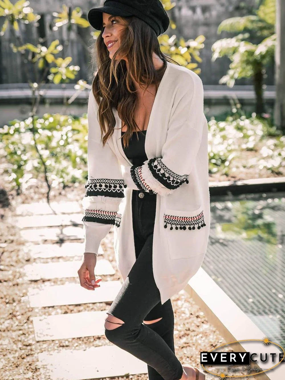 Front Open Long Sleeves Pocketed Cardigan Sweater