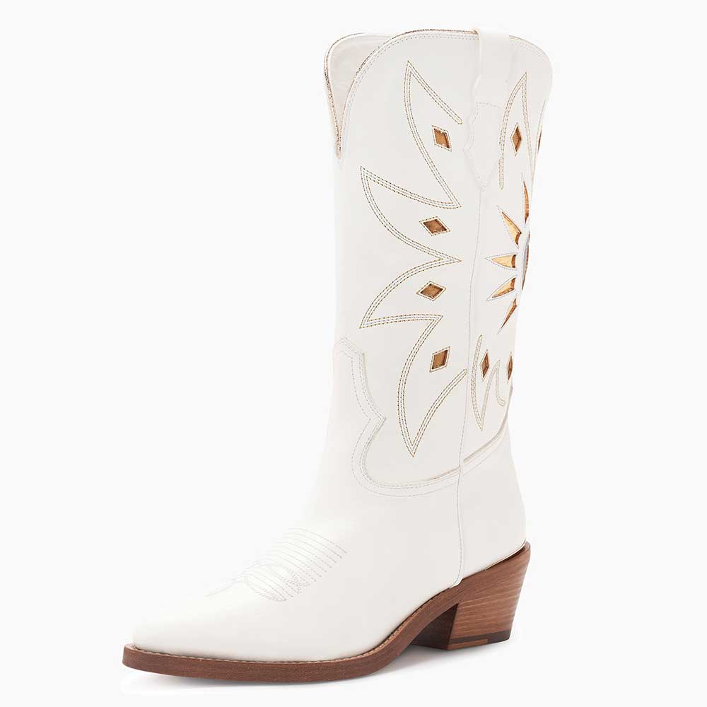 White Metallic Cutouts Chunky Heel Mid Calf Western Boots for Women