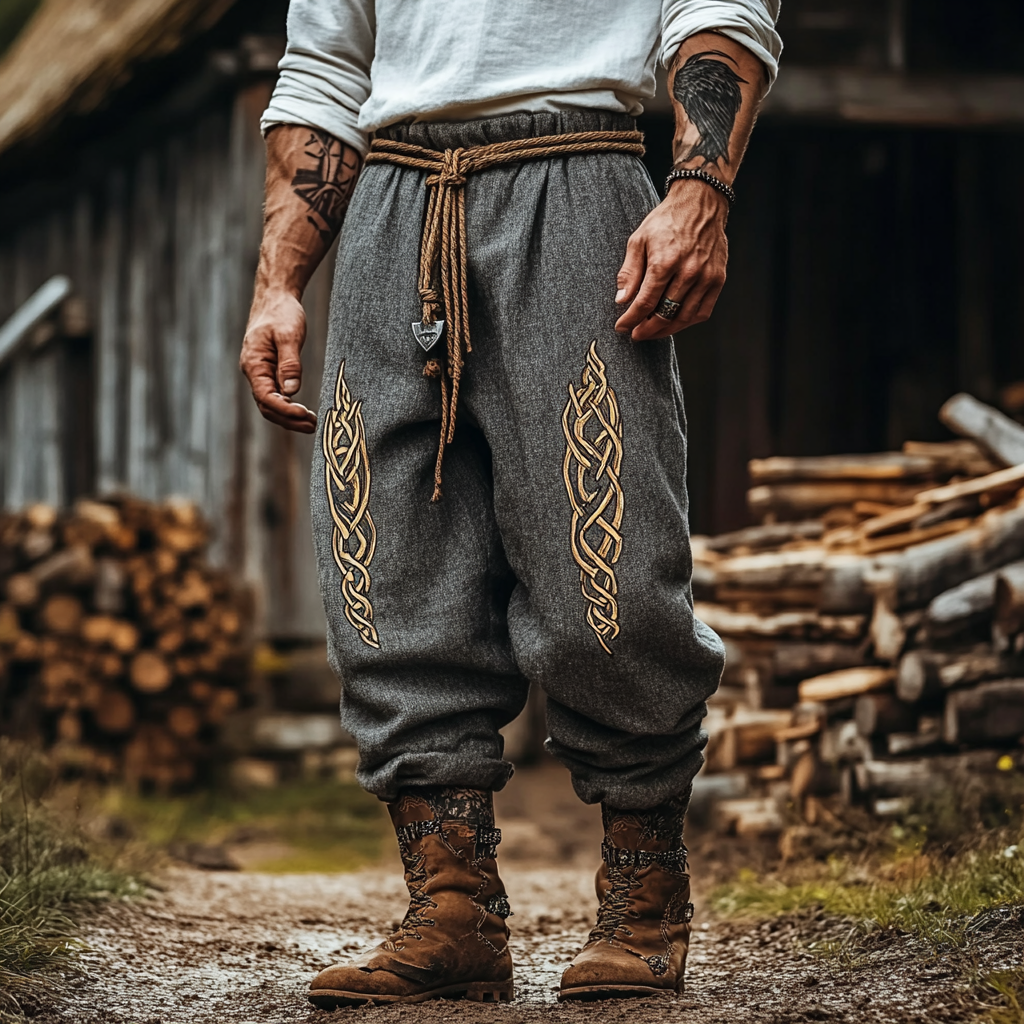  Viking-Inspired Embroidered Trousers with Adjustable Rope Belt-inspireuse
