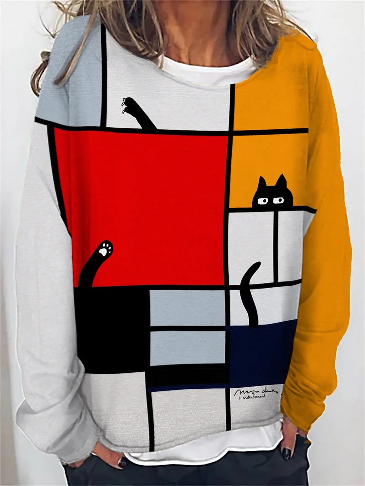 Women's Mondrian Cat Multicolor Blocks Print Layered Sweatshirt